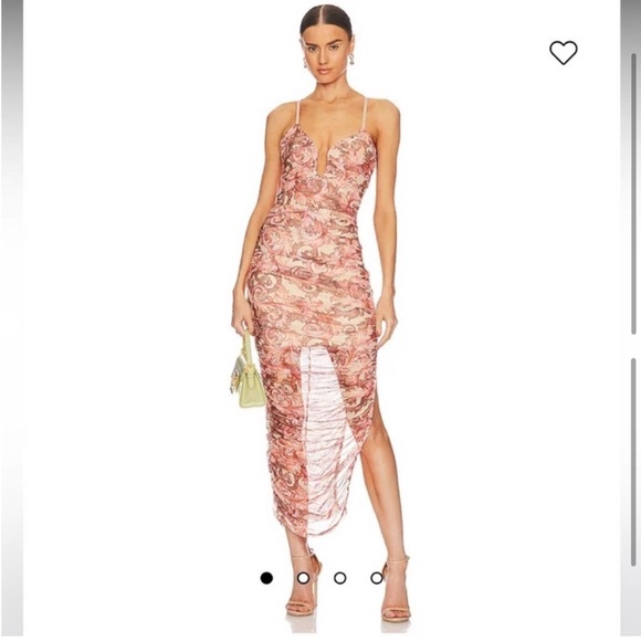 elliatt mica leaf print peach pink ruched deep v neck side slit midi dress small - Picture 4 of 14